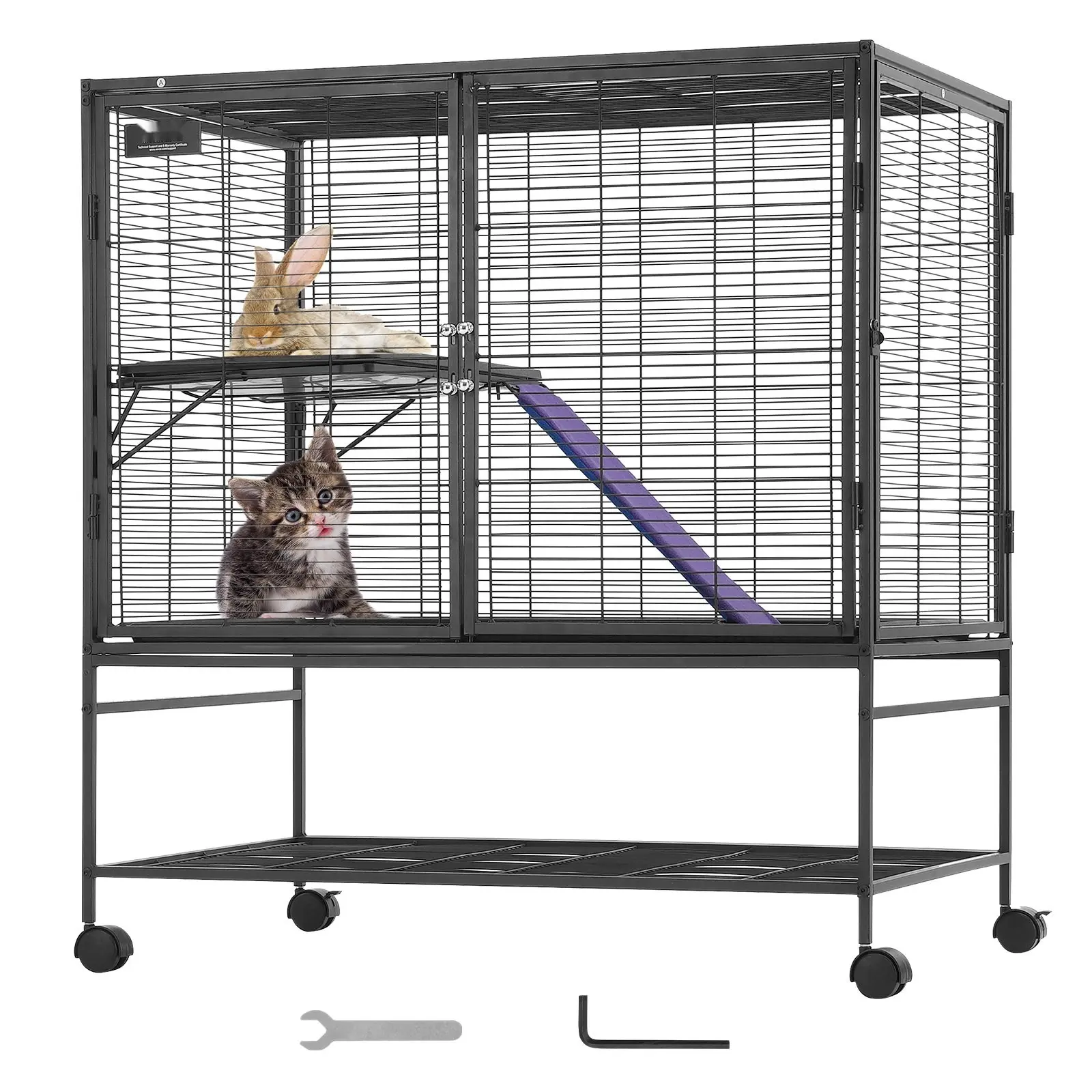 39" Metal Mesh Small Animal Cage - 2-Tier Rolling Ferret Habitat with Sliding Tray, Ramp, Durable Powder-Coated Wire, Locking Doors, Quiet Swivel Casters, Easy-Clean Design for Ferrets, Rodents, Play Space