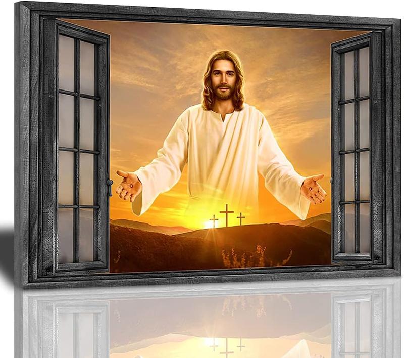 1 Count Jesus Christ Canvas Wall Art Jesus Greets You Welcome Back Window View Sunset Poster Christian Religious Modern Artwork Christ Spiritual Prints Framed Wall Decor For Bedroom Living Room 16x24inch