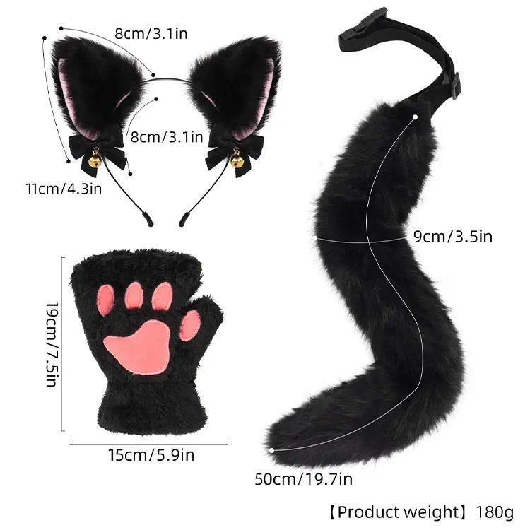 Cute Cat Ears Headband with Bell Set, Plush Cosplay Accessories with Cat Paw Gloves & Furry Tail, Adorable Fancy Dress Props Perfect for Halloween, Anime Con, Cosplay Parties, Daily Outfits & Themed Events