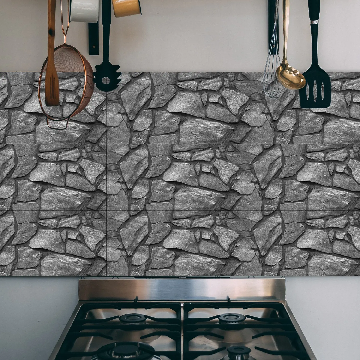 12/24 Pcs Gray Faux Stacked Stone Peel and Stick Wall Tiles, Realistic Rock Texture Self Adhesive Wall Sticker, Waterproof Anti-Mold Removable Contact Paper, DIY Accent Wall Decor For Living Room, Fireplace, Cafe, Bar, Bedroom, Rental Apartment