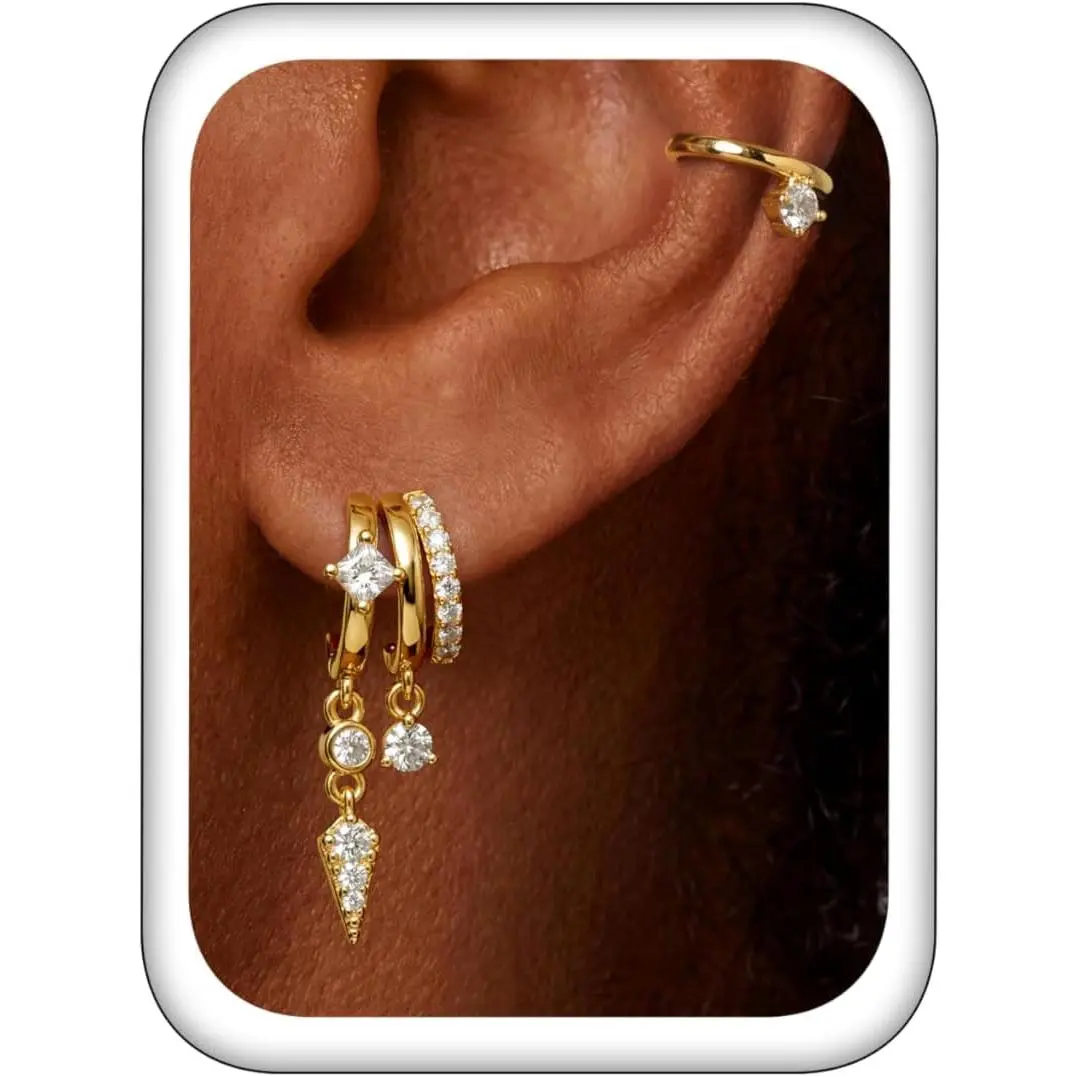 Triple Huggie Stacked Earrings for Women Gold Chain Drop Dangle Earrings Cute Statement CZ Earrings Trendy Dainty Jewelry Gift