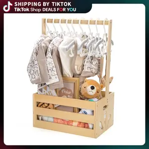 Wooden Baby Shower Crate Closet Baby Storage Crate Hamper with Handle Basket for Baby Shower Gifts Welcome Gift Basket for Newborn Boys Girls Pregnancy Gifts for New Parents