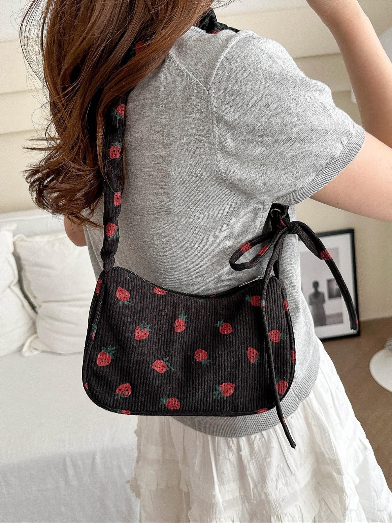 Cute Strawberry Print Underarm Bag, Drawstring Design, Soft Casual Fruit Pattern Shoulder Clutch, Versatile Handbag for Women