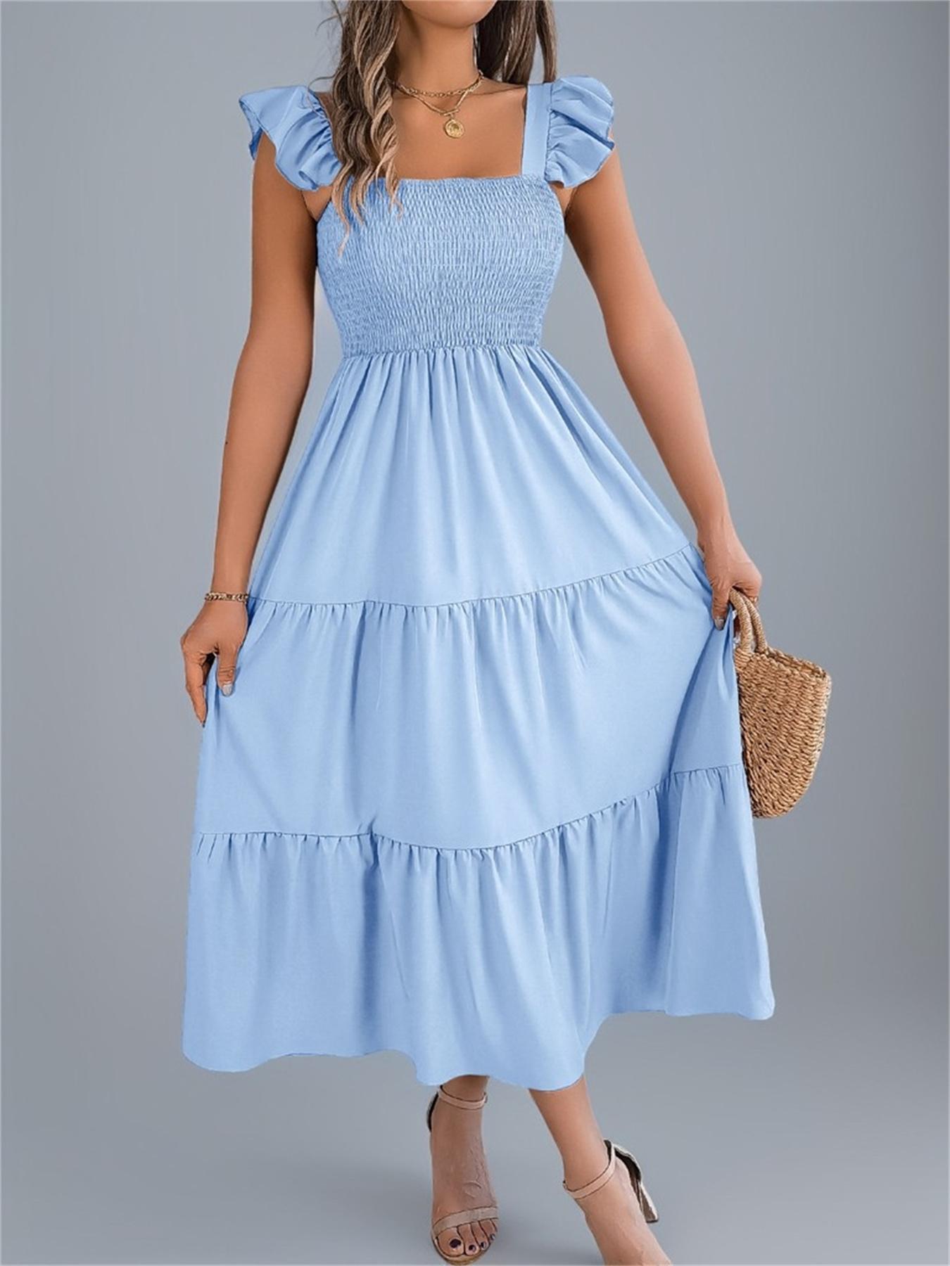 Women's Plain Shirred Dress, Casual Sleeveless Square Neck Dress for Summer, Ladies Clothes for Beach Holiday