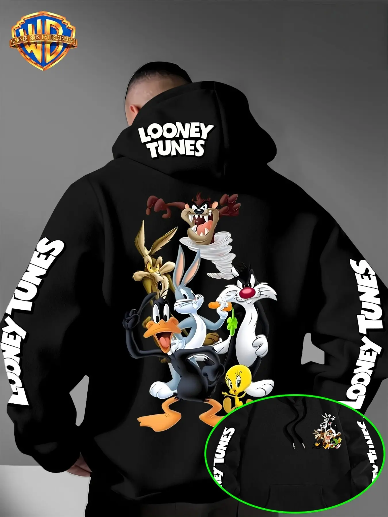 Warner Bros Men's Classic Looney Tunes Full Back Print Hoodie, Eye-Catching Cartoon Pattern Pullover, Casual Street Style Hooded Top, Graphic Hoodies