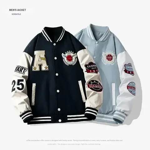 Men's Elegant Fitted Embroidered Baseball Jacket - Durable Wrinkle-Resistant Structured Fabric, Multi-Pocket Casual Design, Active Use & Ease of Use for Youth Outdoor Adventures