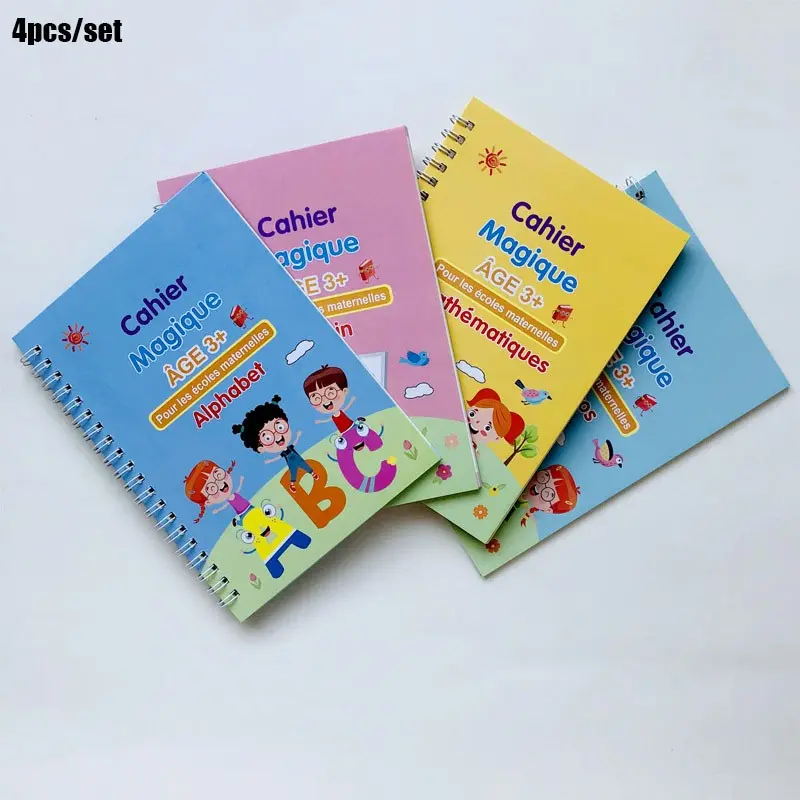 Magic Groove Calligraphy Practice Sheets, English French 4-Pack, Pen Control Training, Reusable Writing Workbook, Reusable Practice Set