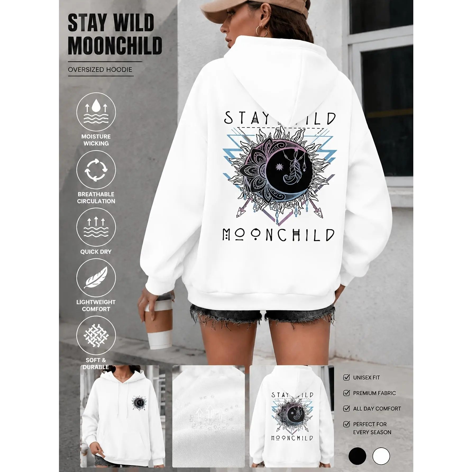 This loose-fitting black hooded sweatshirt features a unique moon pattern, is breathable and quick-drying, comfortable for everyday wear, suitable for all seasons, unisex, made of high-quality fabric, and perfect for fashion trends and street style. It pa