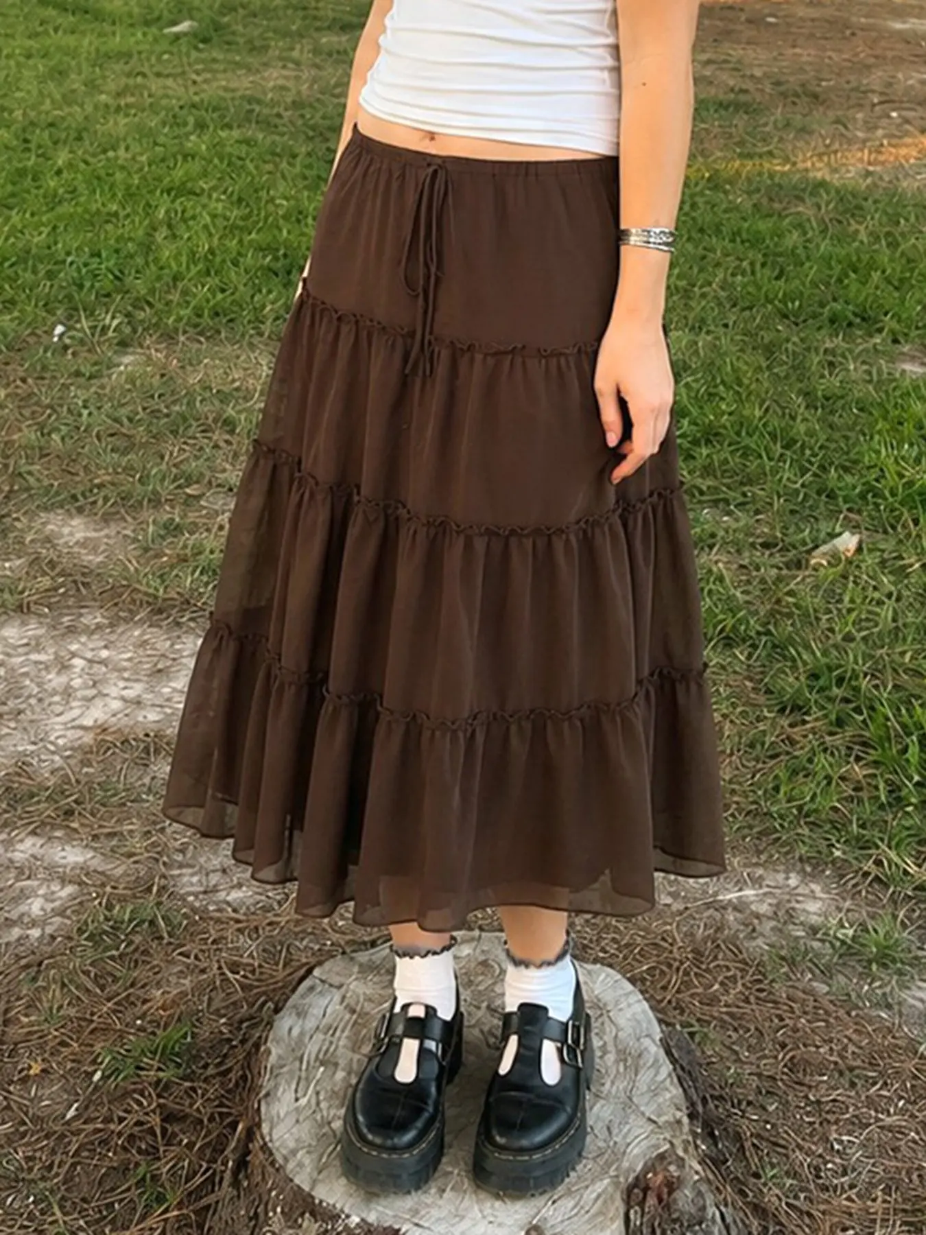 Women's Elegant Mesh Patchwork Solid Basic Street Fashion Skirt, Layers Elastic Waist Loose Casual Y2K Grunge Skirt, Casual Versatile Daily A-line Bottoms
