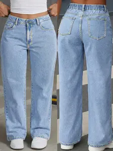 Plus Size Light Wash High Waist Wide Leg Denim Jeans, Elastic Back Waistband, Curvy Relaxed Fit, 90s Vintage Style for Curvy Women