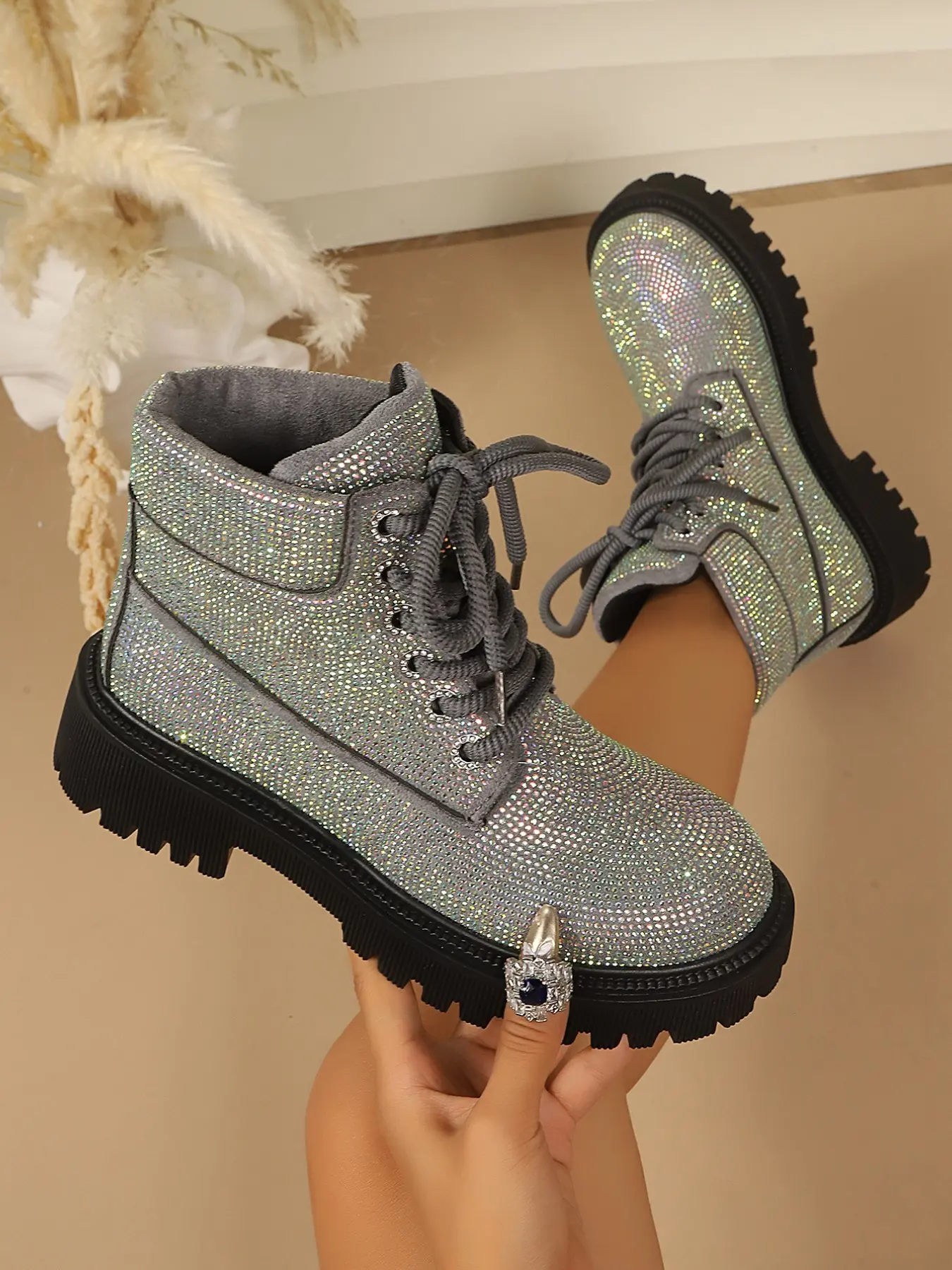 Women's Gradient Rhinestone Boots, Round Toe, Anti-Slip Thick Sole, Chunky Heel, Short Shaft, Fall Winter Fashion Shoes