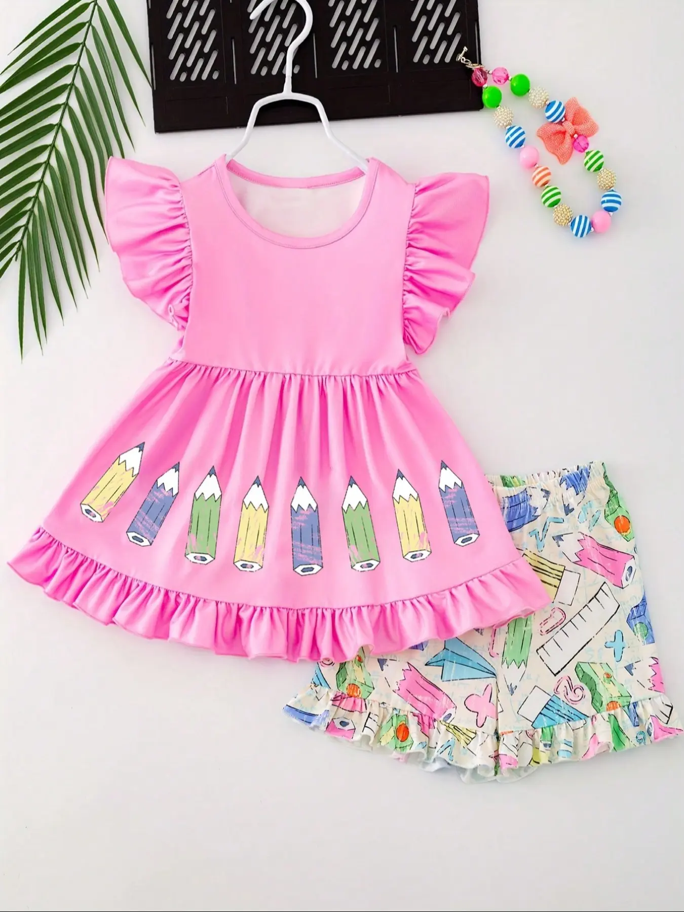 New Arrival School-Ready Pencil Waist Dress and Pleated Shorts Graphic Print Set for Girls, Perfect for Summer, Casual Daily Wear