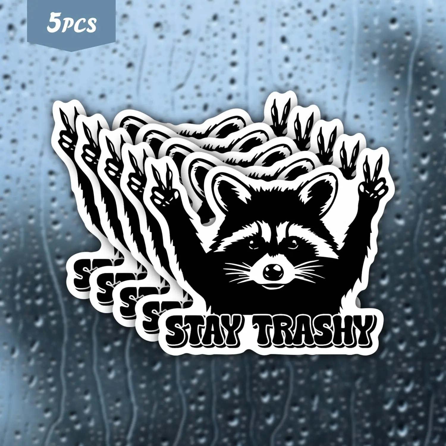 5PCS "Stay Trashy" Raccoon Waterproof Vinyl Stickers, Funny Peace Sign Raccoon Decals for Water Bottles, Laptops, Cars, Automotive Decals, Ideal for Humor Fans