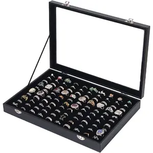 Vanity Velvet Ring Holder Organizer Box - 100-Slot Jewelry Display Case with Top Glass Lid, Earring Necklace Storage Tray (Black)