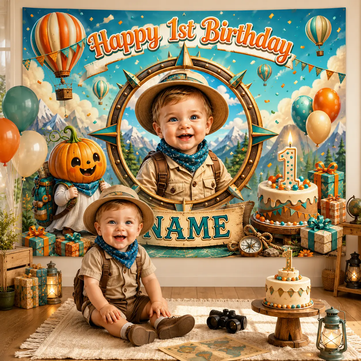 Personalized Adventure 1st Birthday Backdrop with Photo and Name, Hot Air Balloon, Mountain Compass and Explorer Party Decor