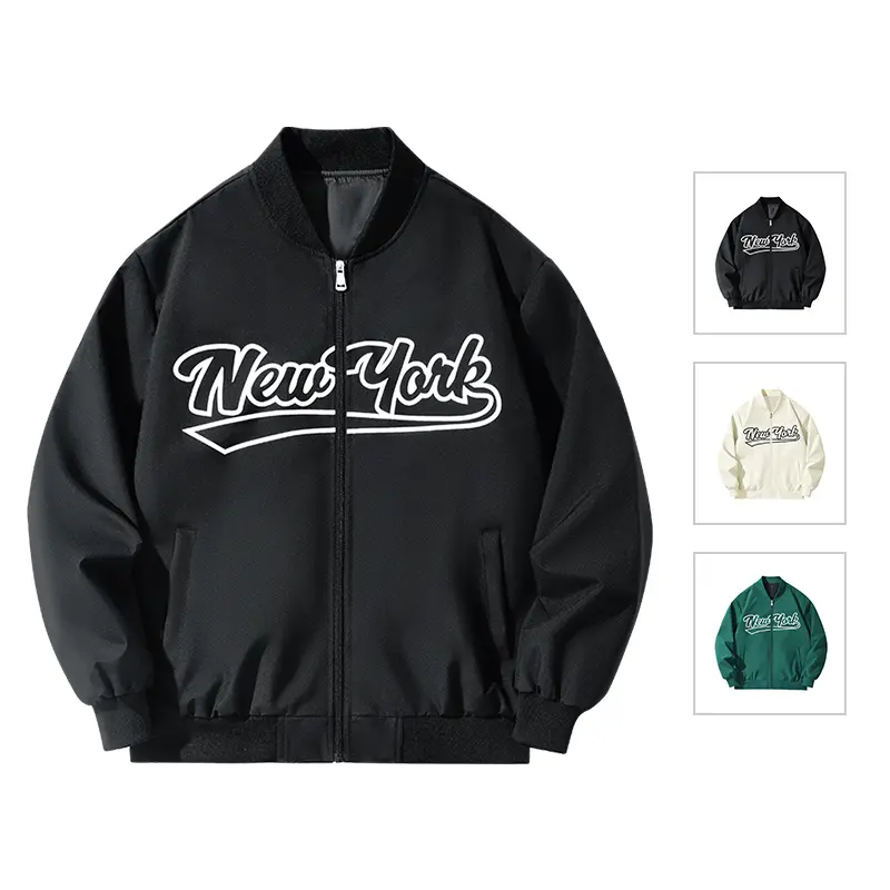 Men's New York Letter Print Long Sleeve Foldable Plain Varsity Bomber Jacket - Menswear Tops, Vintage Zip-Up, Loose Casual Rib Collar, Lightweight Streetwear Outerwear for Daily Outdoor Use, Loose-Fit