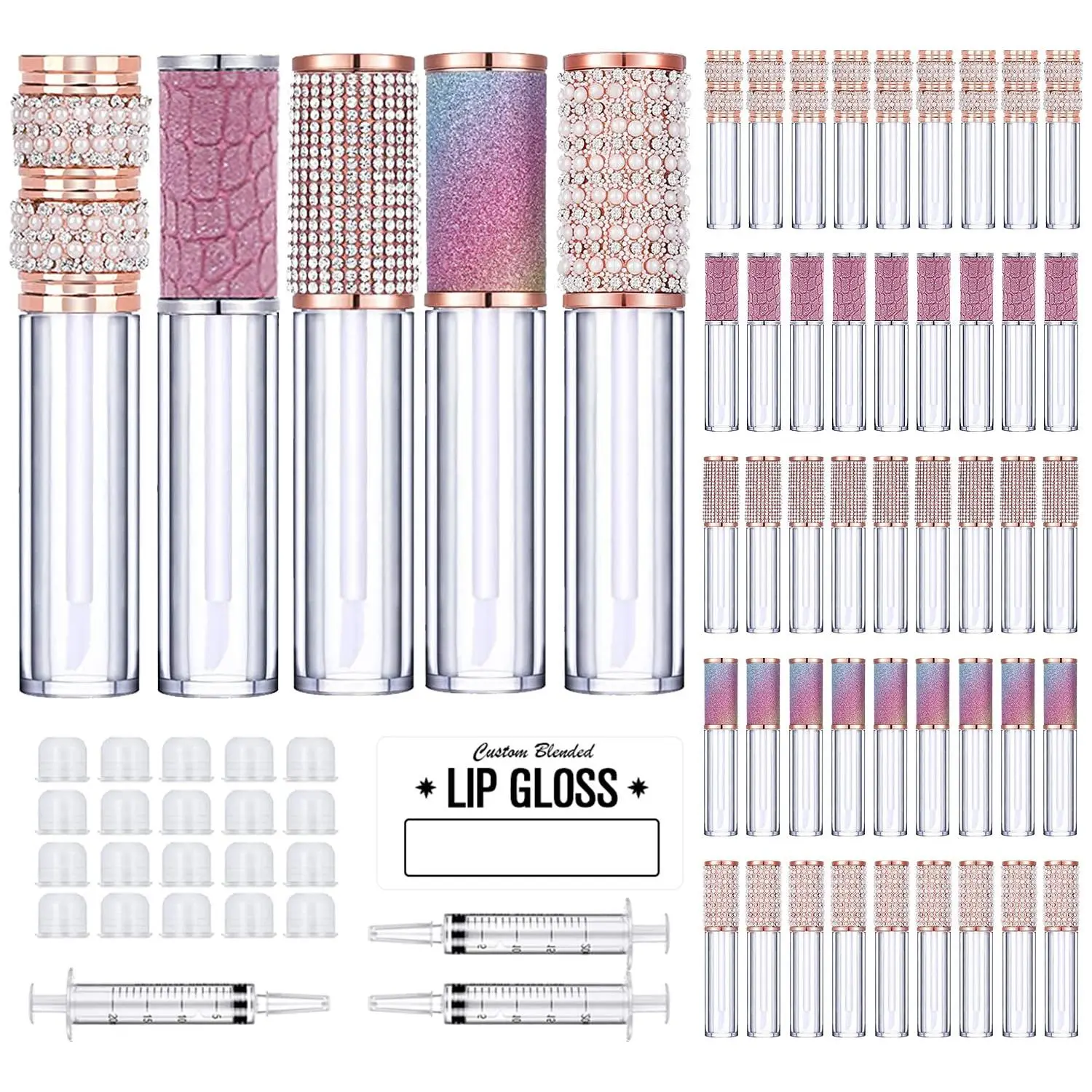 50 Pack  Lip Gloss Tubes with Wand 5ml Empty Rhinestone Lip Gloss Containers + 3 count  + Labels for DIY Base