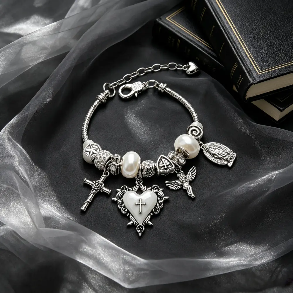 Vintage Gothic Religious Charm Bracelet Snake Chain Dangle Wristband Cross Heart Angel Virgin Mary Pendants Pearl Rhinestone Beads Statement Y2K Fashion Jewelry Gift For Women