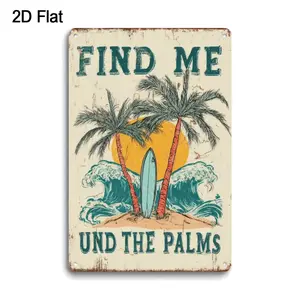 2D Flat, 1pc Vintage Coastal Metal Wall Art Sign Tropical Palm Tree And Surfboard Beach Decor with "Find Me Und The Palms" Text - Turquoise And Coral Pink Nautical Wall Hanging for Coastal Room, Bathroom