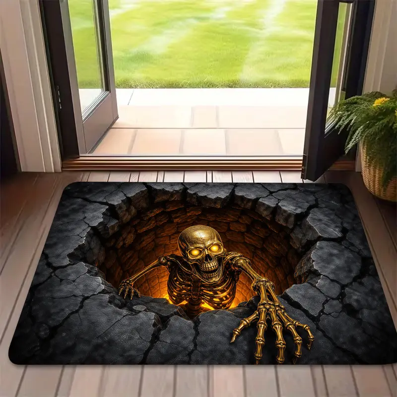 1-Pack 3D Optical Illusion Creepy Skull Hole Welcome Doormat - Non-Slip, Machine-Washable Flannel Floor Rug, Entryway Decor for Halloween Home Use