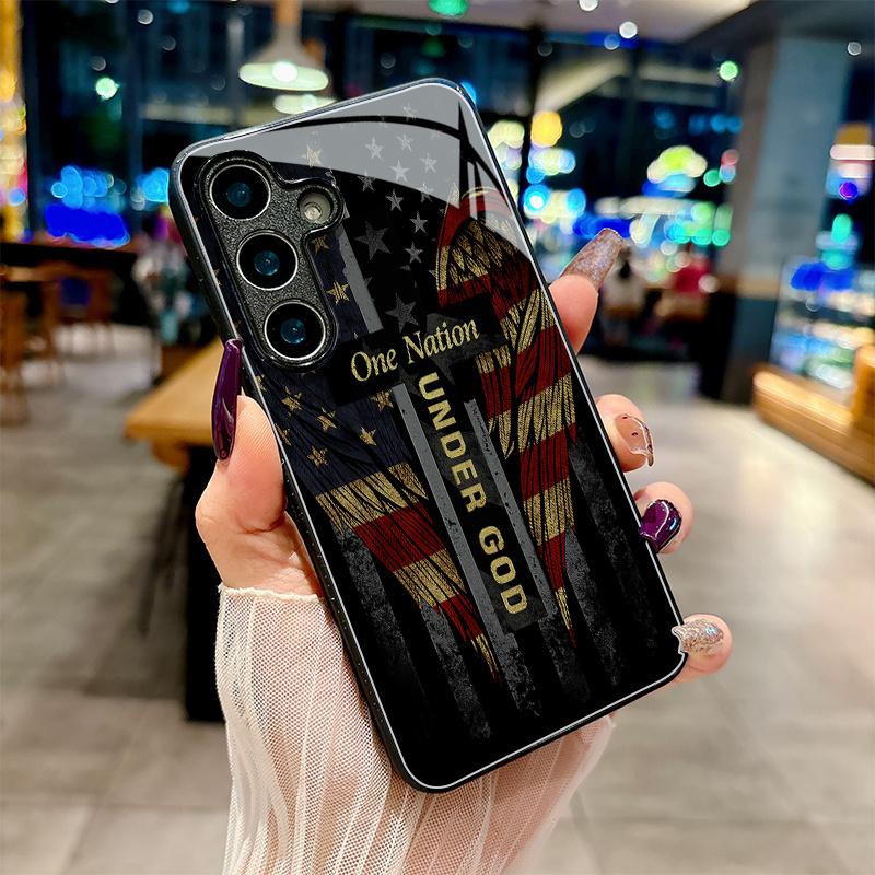 Sacred Declaration on Winged Flag Cross Tempered glass phone case Applicable for Samsung Galaxy S26 S25 S24 S23 S22Pro S21 S20 Fe Plus Ultra Pro A56 A55 A54 A53 A52 A51 A36 A35 A34 A32 A26 A25 A24 A23 A16 A15 A14 A06 A05 A03s, a high-end gift for friends