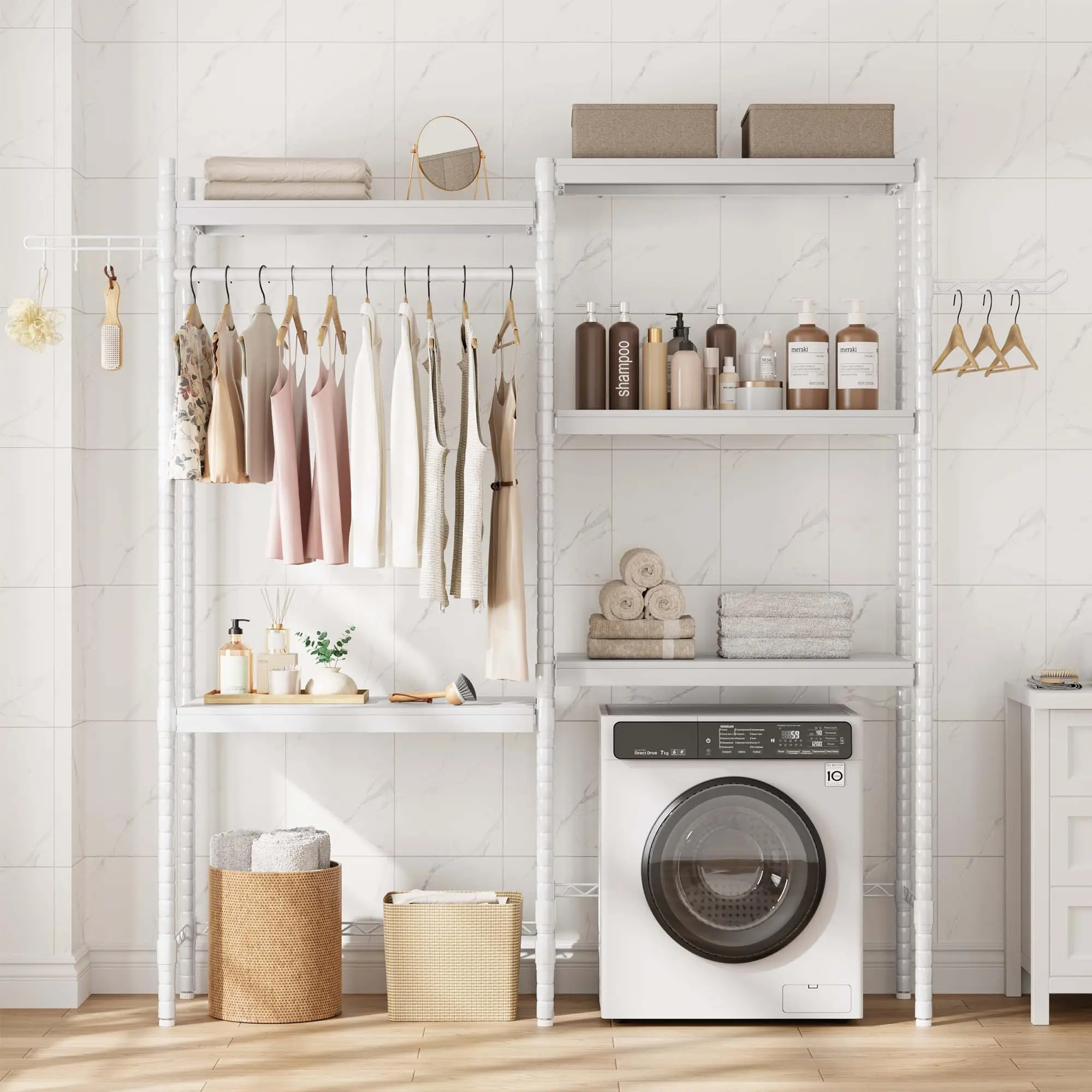 Adjustable Height Laundry Rack for Over Washer and Dryer, Multi Tier Wooden Shelf Unit for Bathroom Laundry Organization, Space Saving Storage