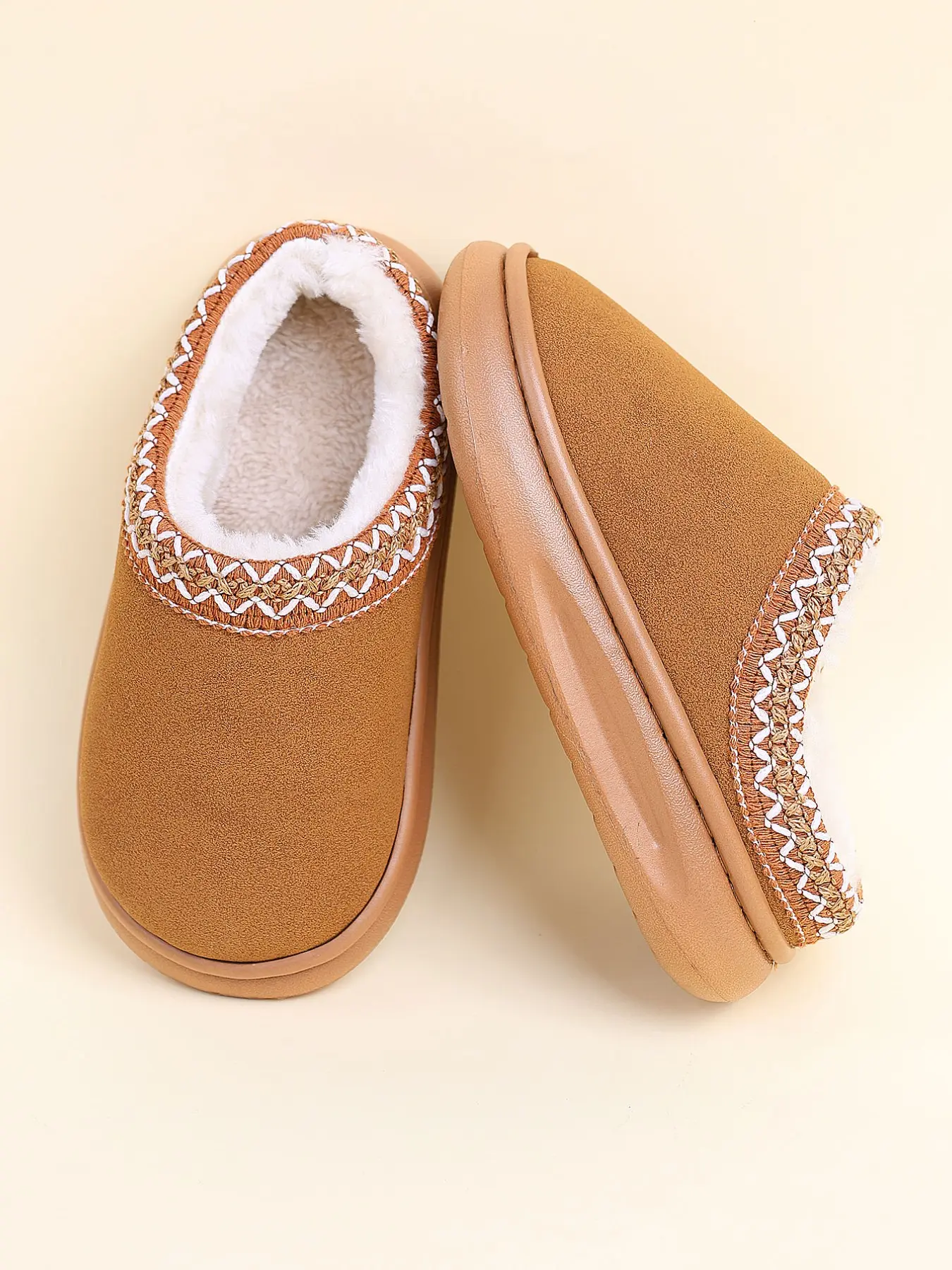 Fuzzy Cotton Slippers, Vintage Embroidered Full Sole Anti-Slip Soft Bottom, Warm Indoor Outdoor Shoes for Kids, Fall Winter
