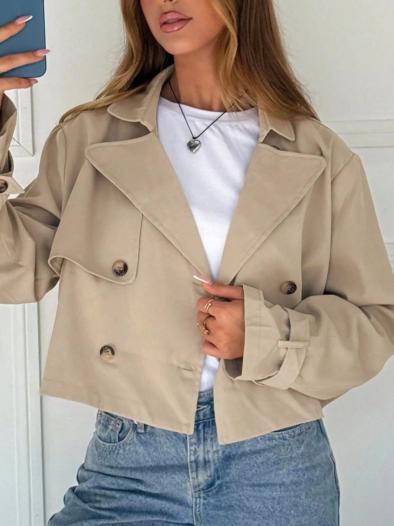 Women's Cropped Double Breasted Trench Coat, Lapel Collar Long Sleeve Short Jacket, Khaki Slim Outerwear, Perfect for Daily Wear, Office Casual, Street Style, Brunch, Travel, Trendy Spring Fall Outerwear for Ladies