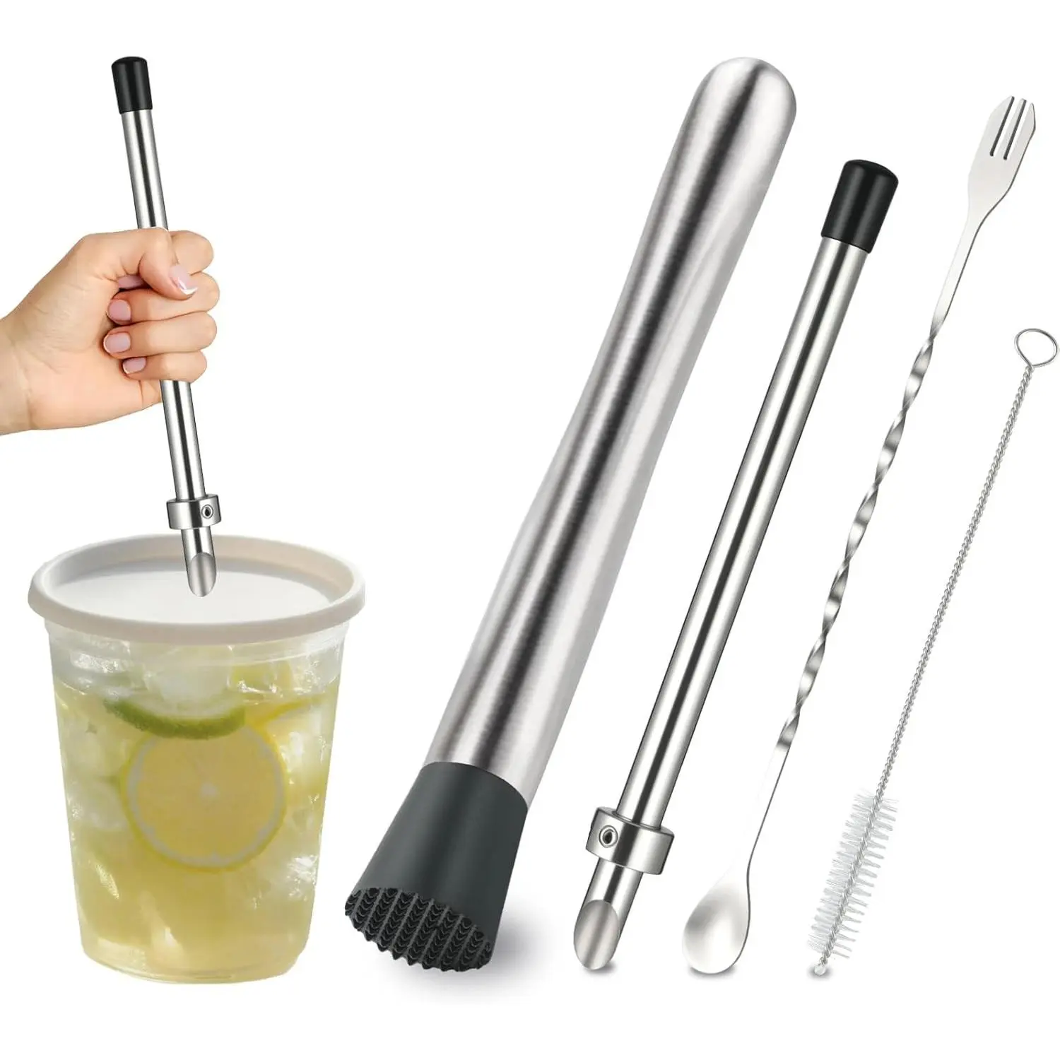 4Pcs 304 Stainless Steel Straw Puncher & Muddler Spoon Set Straw Hole Puncher for Plastic Lids Lemonade Cups Tools for Lemonade Stand Supplies