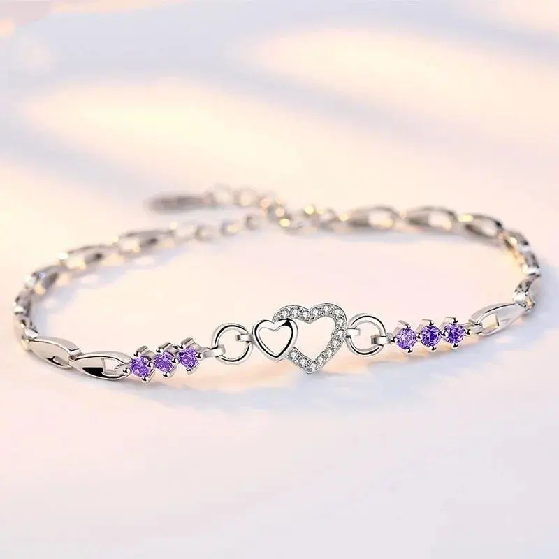Lihong New 925 Sterling Silver Bracelet Purple Crystal Zircon Heart For Woman Charm Bracelet Jewelry Gift