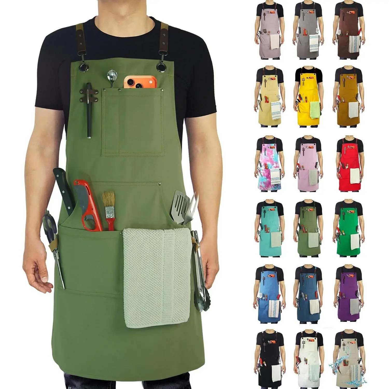 Canvas Kitchen Work Apron with Multiple Pockets for Gardening, Painting, BBQ, Artist, Carpenter, Sizes M to XXL, Olive