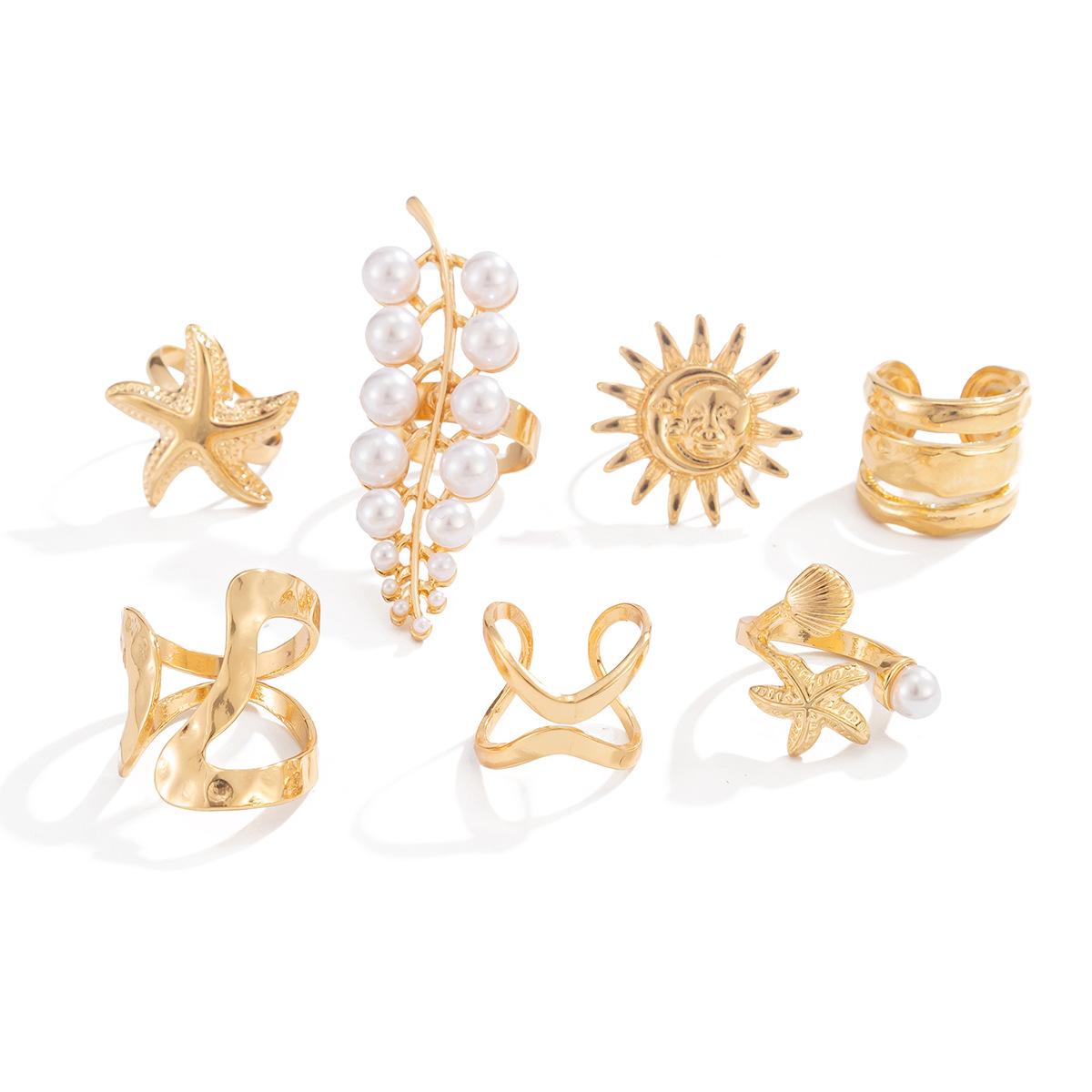 Ocean Vacation Style Starfish & Shell Rings Set – Unique Pearl-Embellished Branch Design
