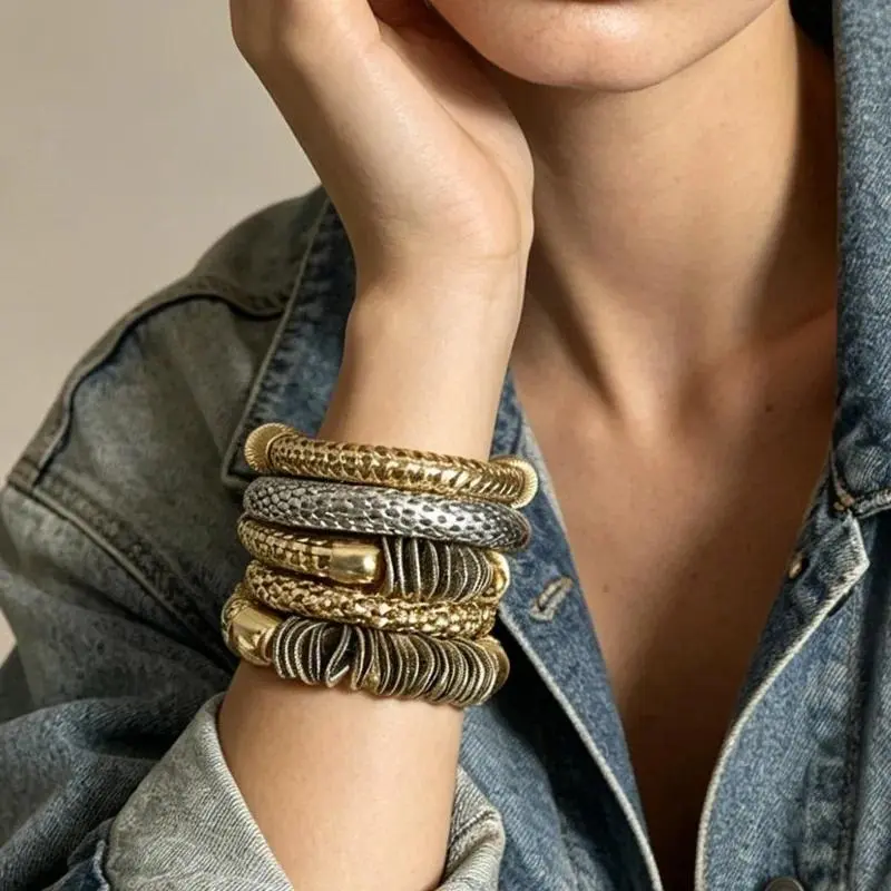 Vintage Metal Bangle Set Multi Layer Texture Bracelet Punk Color-Block Spliced Bracelet Boho Stackable Wristband Punk Jewelry