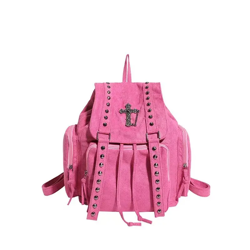 Soft Fabric Backpack with Buckle, Y2K Punk Gothic Daypack, Halloween Theme, Cross Metal Studs, Unisex, Party Club Bag