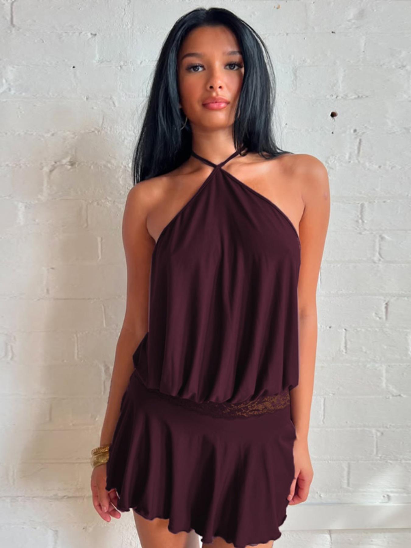 Women's Solid Color Lace Stitching Halter Neck Lace Up Sleeveless Backless Bodycon Slip Dress Plain Cut Out See Through Ruffles Hem Party Club Dating Holiday Beach Vacation Music Festival Ladies Dresses Clothing Wear Halter Strap Dress