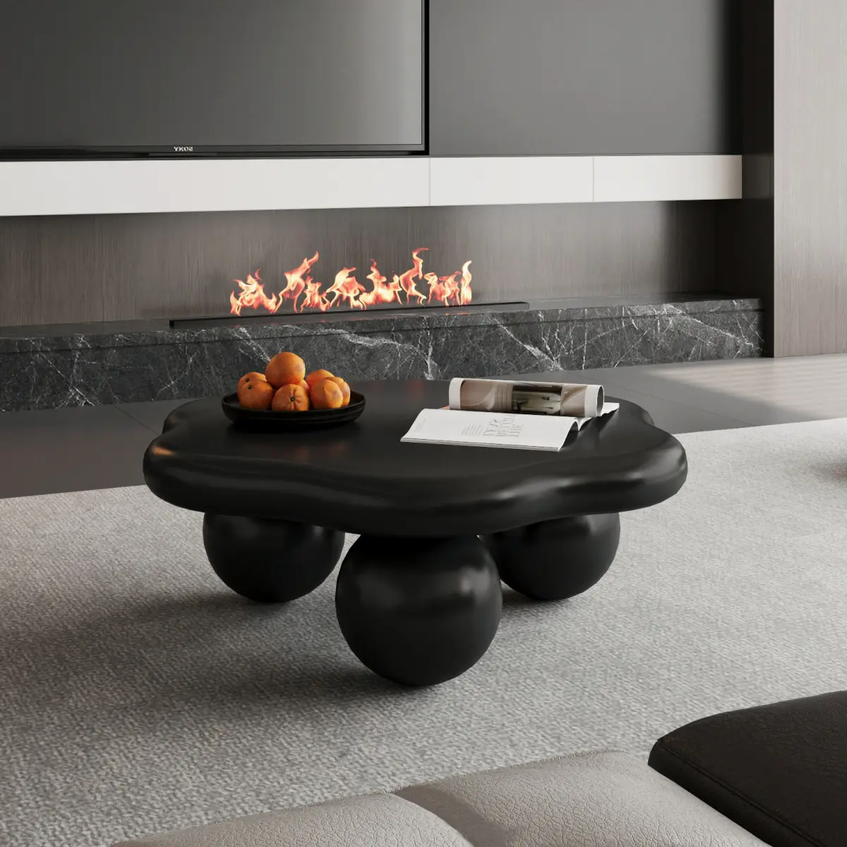 35" Stain-Resistant Matte Black Cloud-Petal Modern Minimalist Coffee Table with Spherical Legs - Kid-Friendly, Pet-Safe, Space-Saving Indoor Living Room Table for Small Apartments
