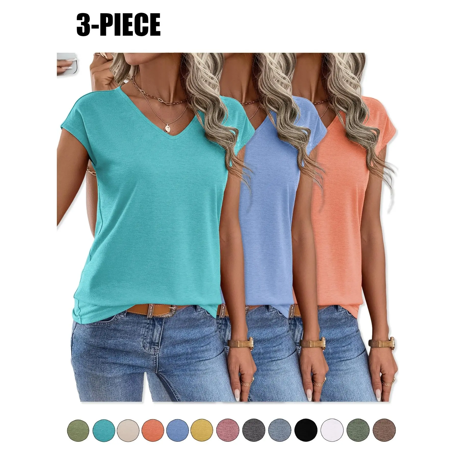 Set of Three Solid Color V-Neck T-Shirts Made from Colorful for Spring And Summer