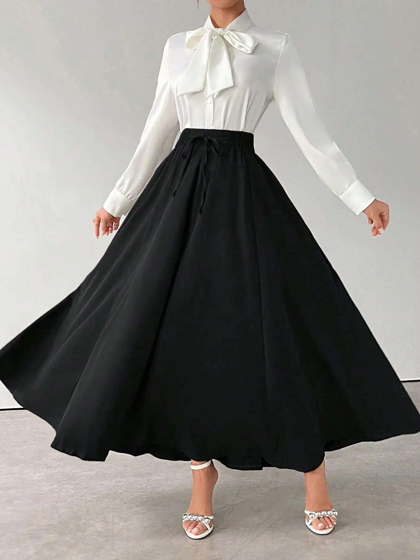 Women's Flowy Midi Skirt, Bottoms, Elastic Waist Drawstring, A-Line Design, Slimming & Tall Look, Elegant Casual Chic Fall New Arrival