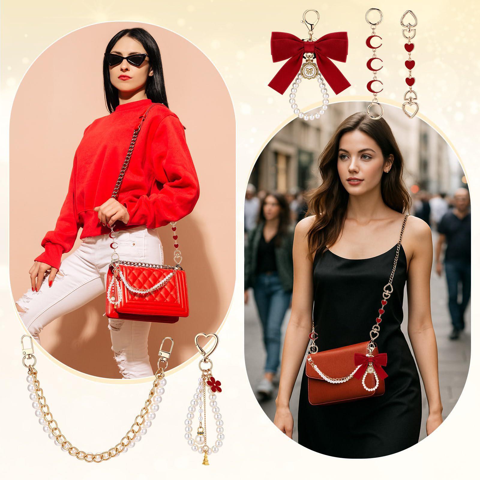 5 Pcs Bag Extender Chain Gold Pearl Purse Chain Ribbon Bow Keychain Extender Bag Strap Purse Charms Accessories for Handbag Y2K Aesthetic Bag Accessories Bag Charm Keychain Accessory Gifts for Women keychains for women