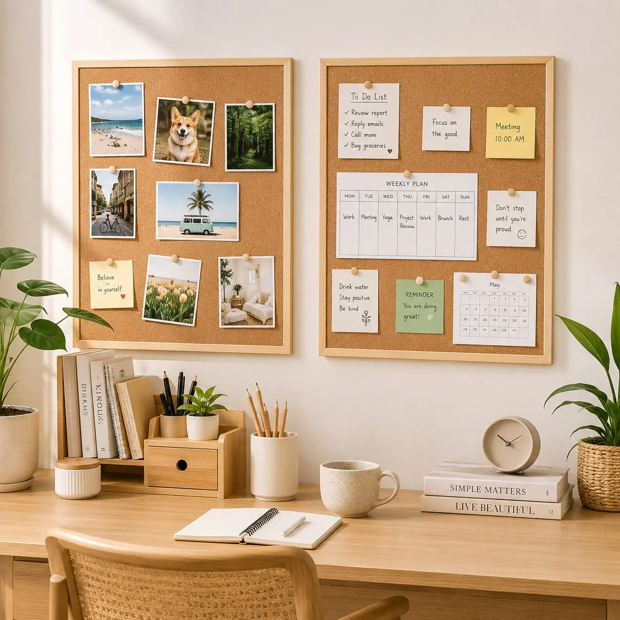 2 Pack Wooden Frame Cork Board , Wall Mounted Bulletin Board with Push Pins & Mounting Kit, Natural Cork Pin Board for Home Office School Dorm,Including variety accessories