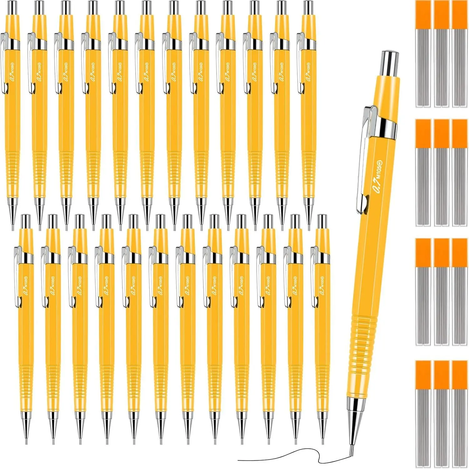24 count Yellow Mechanical Pencil 0.9mm for  to School | Metal Penpoint, ABS Material, Retractable Automatic, with Drafting Pencils Refills, for Writing Drawing Signature