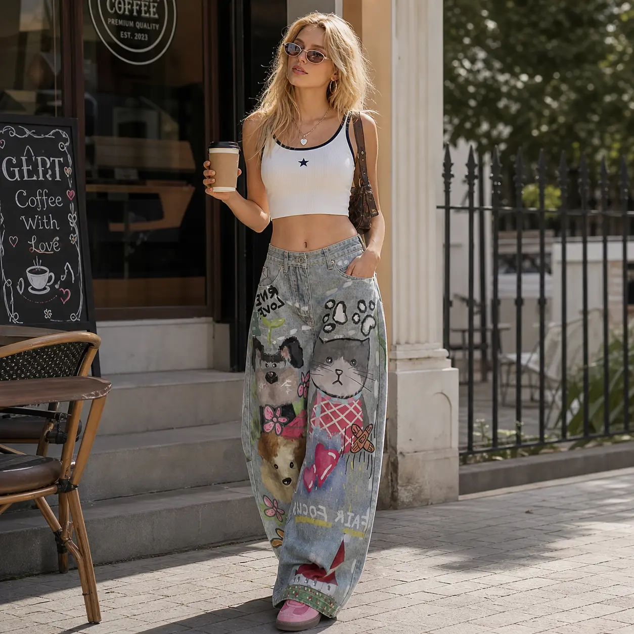 American Retro Fun Cat Dog Graffiti Jeans| Hand-Drawn Unisex Street Style Baggy Straight Wide Leg Denim Pants Trendy