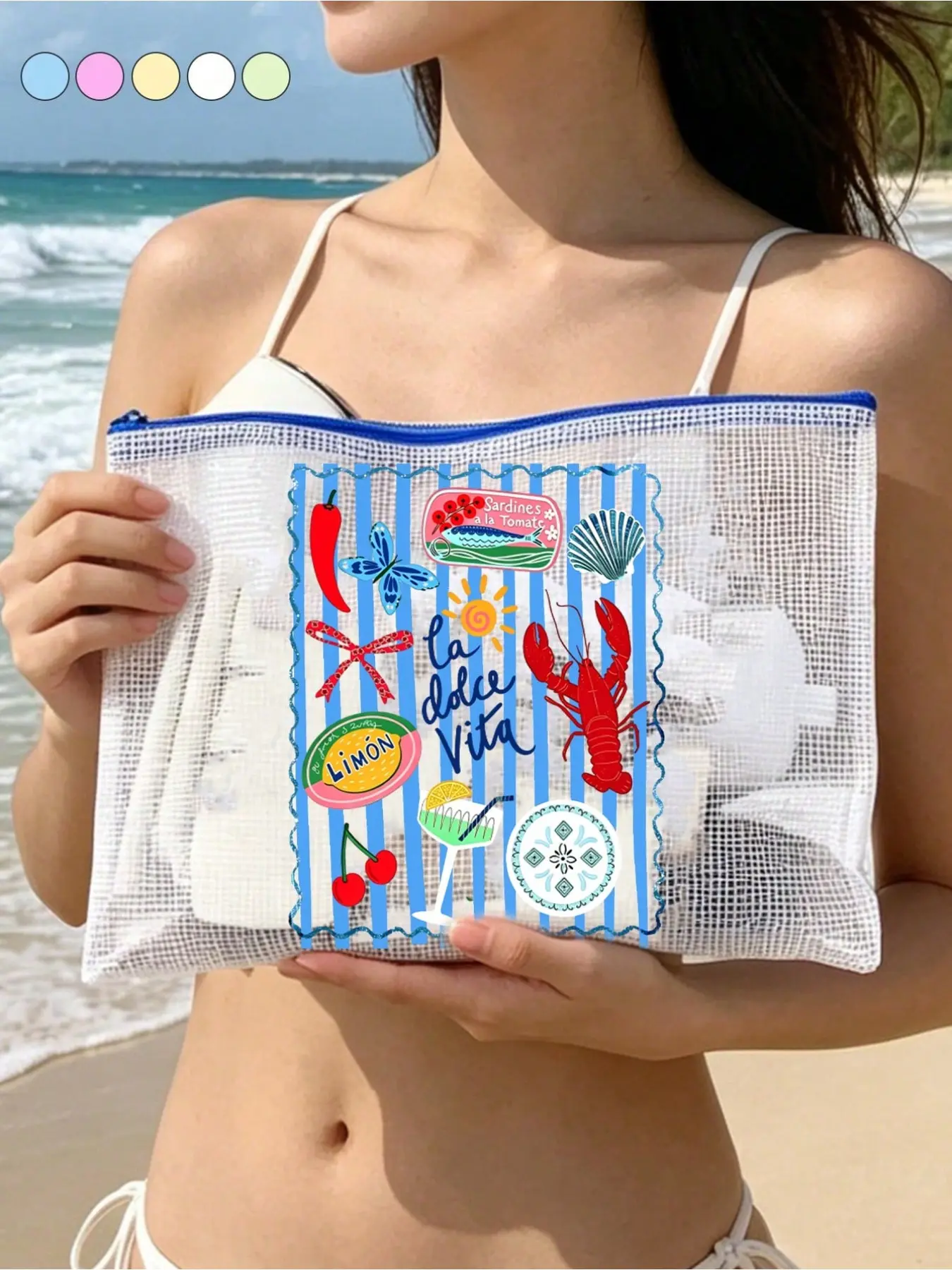 Multicolor waterproof mesh beach bag with striped lobster print, large transparent breathable nylon zipper pouch for sunscreen & swimwear. Ideal for beach, cruise, back to school, wedding bridesmaid, graduation & holiday gifts. Clear Zipper Pouches