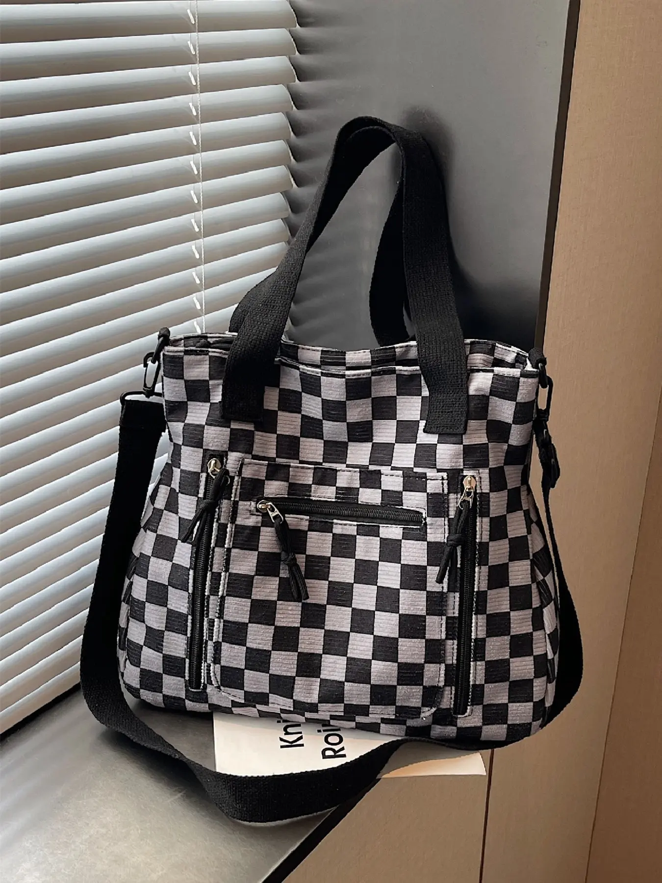 Plaid Pattern Women's Multi-Pocket Zipper Tote Bag, Large Capacity Shoulder Bag, Fashion Casual Crossbody Backpack, Fashionable Crossbody Bag