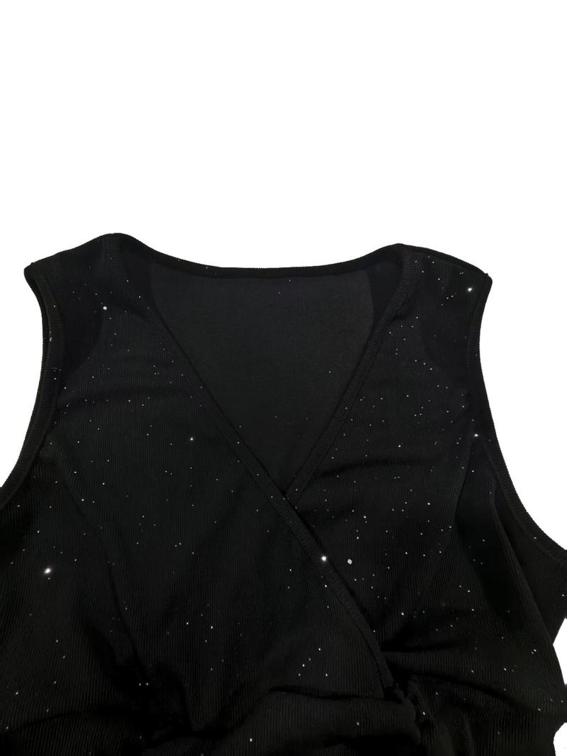 Women's Glitter V Neck Bodycon Dress, Elegant Sleeveless Short Dress for Party Club Dating Wear, Ladies Summer Clothes, Womenswear