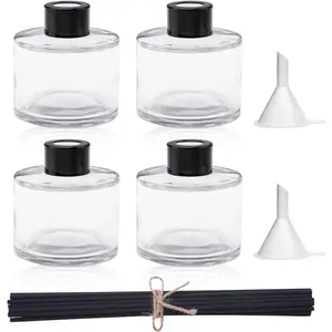 4PCS 100ML Refillable Fragrance Glass Diffuser Bottles Set with 20pcs Reeds Sticks Black Caps & Funnel for Home Fragrance Oil Decoration, Gift for Women Girls