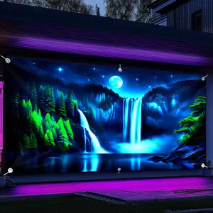 1pc Large Size 157in-70in UV Glow-in-the-Dark Waterfall Landscape Wall Tapestry, Wrinkle-Resistant Fluorescent Polyester Garage Door Banner, No-Power Home Decoration for Party, Outdoor Festive Activities