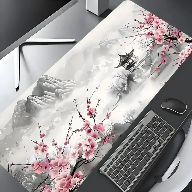 Cherry Blossom & Mountain Scenery Pattern Mouse Pad, Rectangle Gaming Mouse Pad, Non-slip Rubber Pad, Desktop Decoration for Home Office, Desk Accessories, Computer Desk Mat backtoschool