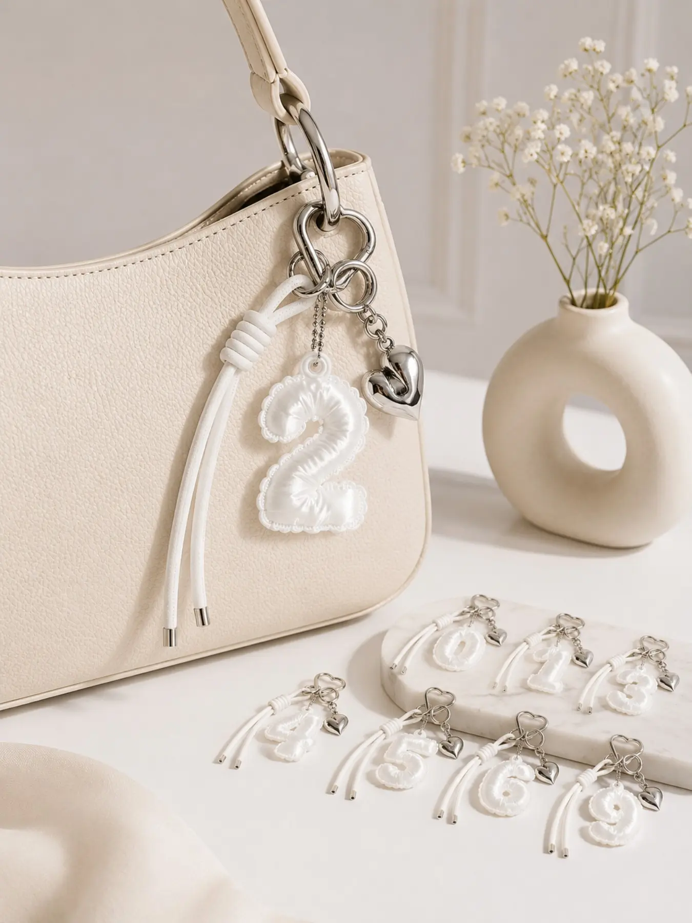✨ Unique white number keychain, Y2K trendy satin bag charm, cute and girly bag accessory, a top choice for a gift for girls.