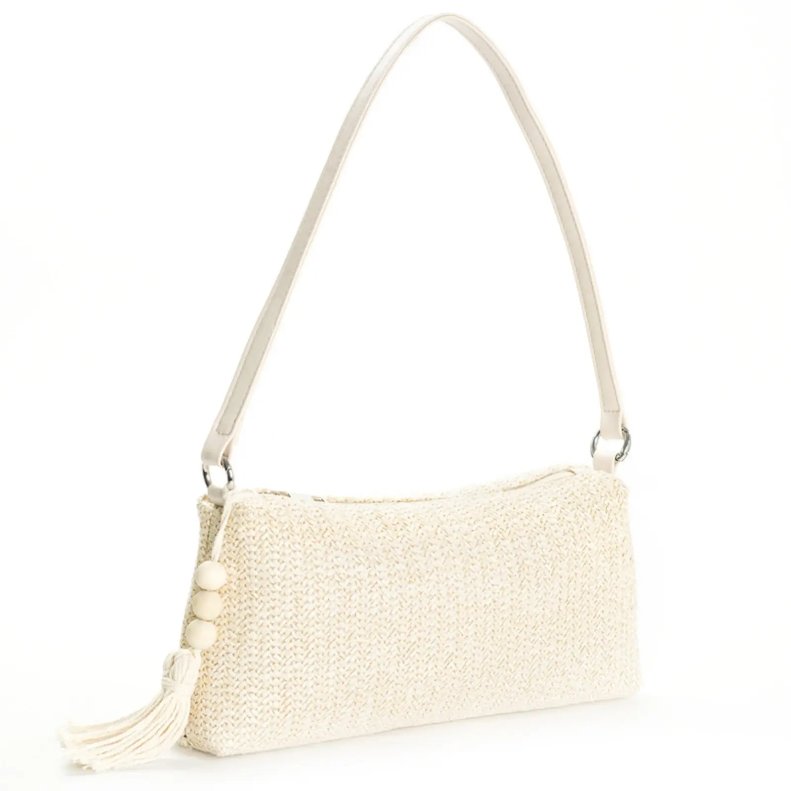 Women Woven Straw Shoulder Bag, Summer Beach Hot Trend Mini Baguette Handbag, Beaded Tassel Decor Light Raffia Underarm Purse, Adjustable Thin Strap Zipper Small Clutch Bag, Elegant Solid White Woven Bag for Vacation Daily Shopping Wedding Party